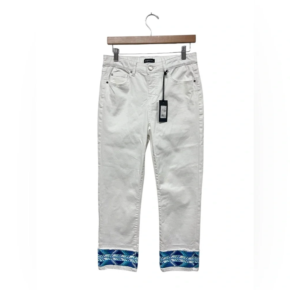 NWT APNY | Southwestern Cuff Cropped Straight Pull On White Denim Jeans 10‎